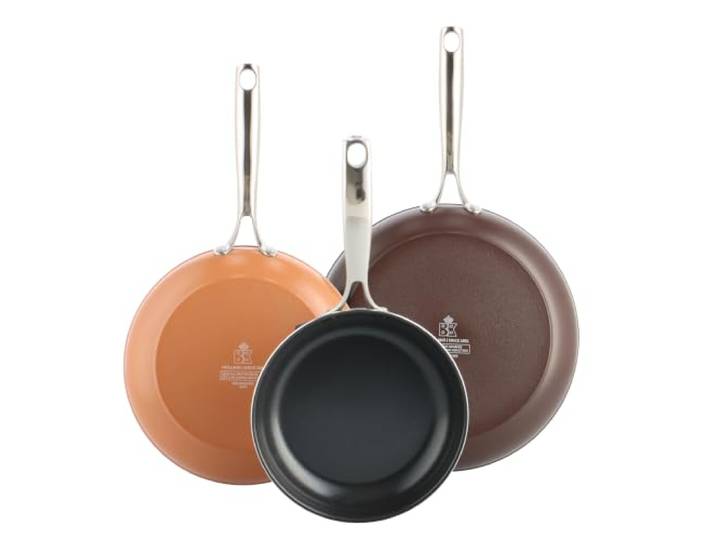 BK Sky Keramik-Antihaft-Pfannenset, 3-teilig, Ø 20/24/28 cm, PFAS-frei, Induktionsgeeignet, Backofenfest bis 220 °C, Spülmaschinenfest, Schnelle Erhitzung, Edelstahlgriffe, Natural