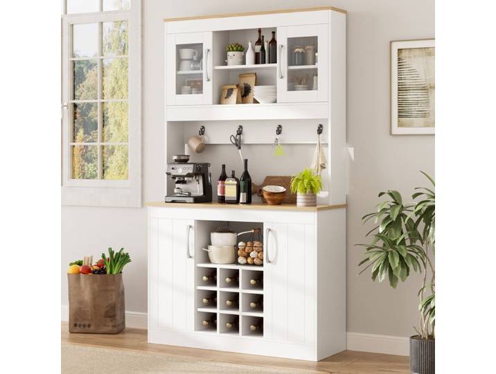 Buffet de Cuisine 106x39x175 cm LEMLIT Vaisselier Multi-Rangements 2 Portes Vitrées Range-Bouteilles Crochets - Blanc et Bois