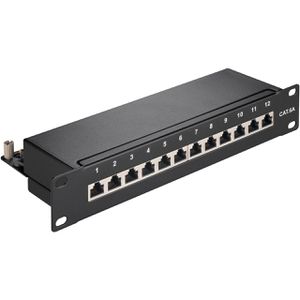 Goobay Patchpanel 93796, Cat 6A, 10 Zoll, 1HE, schwarz, STP geschirmt, mit 12 Ports
