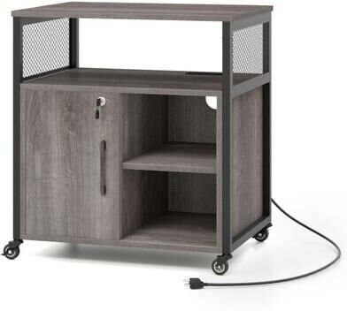 Costway File Cabinet on Wheels with Charging Station and Cable Management Hole-Gray