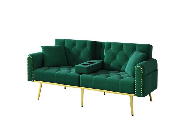 Canapé-lit pliable - 175x80x73.5 cm - Vert- Velours - Dossier réglable - Porte-gobelet - Poche latérale