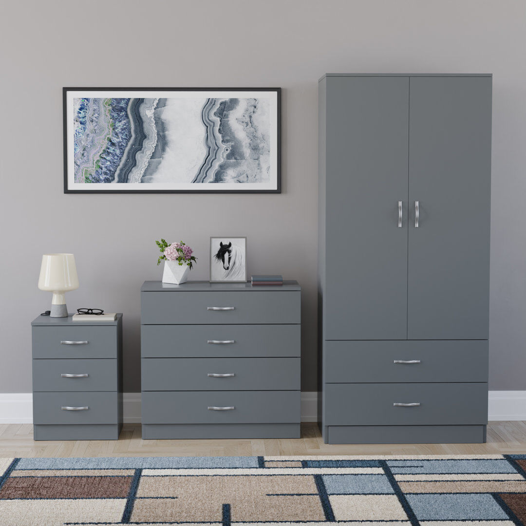17 Stories Maybery 3 Piece Bedroom Set (3 Drawer Bedside Chest, 4 Drawer Chest, 2 Door 2 Drawer Wardrobe), (4) Grey