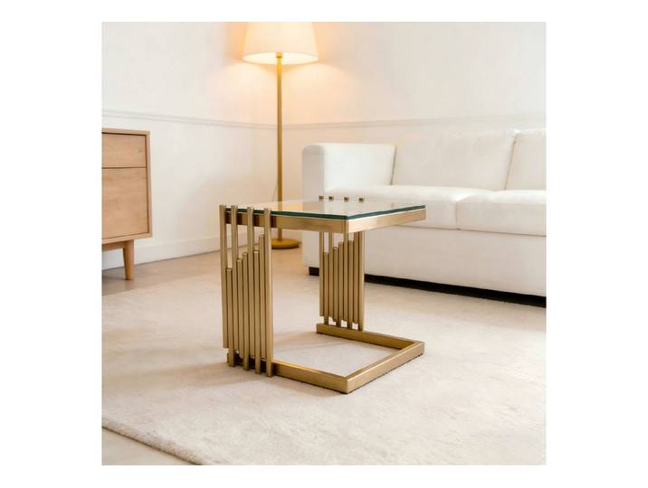 MODFU Beistelltisch Eleganter Akzenttisch für Getränke, Lampe oder Dekoration (Quadratischer Beistelltisch, 1-St., 41x46x41 cm klarer Glastisch mit goldenem Metallgestell, robust), Moderner Sofatisch für Wohnzimmer, Schlafzimmer & Homeoffice