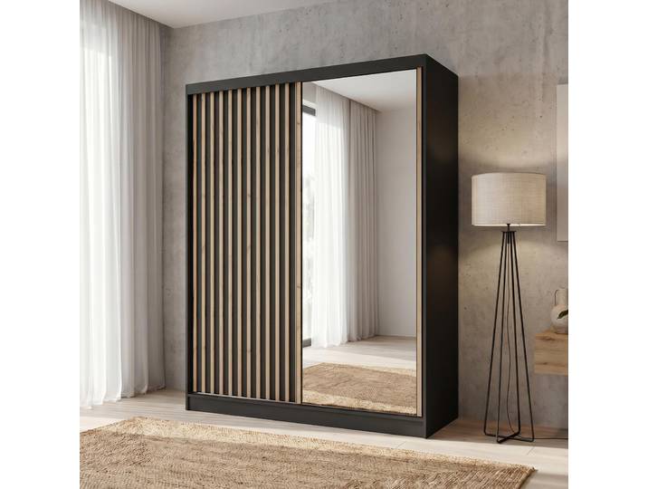 BEAUTYSOFA Kleiderschrank DONATELLO 160 cm Schwarz/Artisan mit Spiegel und Lamellen Schwebetürenschrank modern