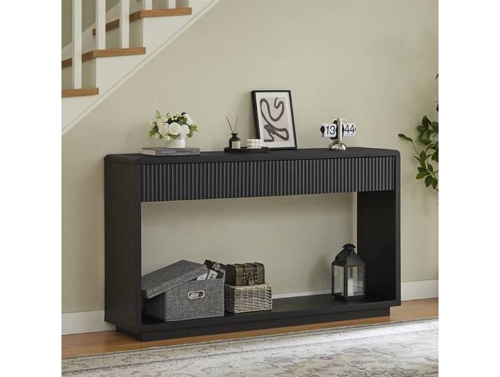 Console D'entrée 150 cm Noir Meuble Console Moderne FloraGrace Pour Entrée Et Salon 2 Tiroirs Et Niche Ouverte 150x35x85cm