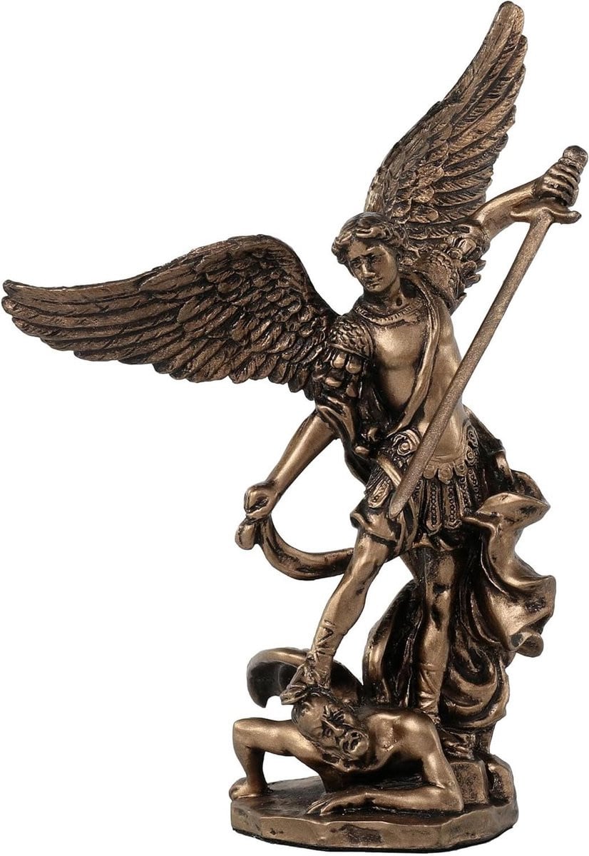 Engel St. Michael Beeld - Handgeschilderd Sint Michael Figuur in Bronslook - Hoogte: 10 cm
