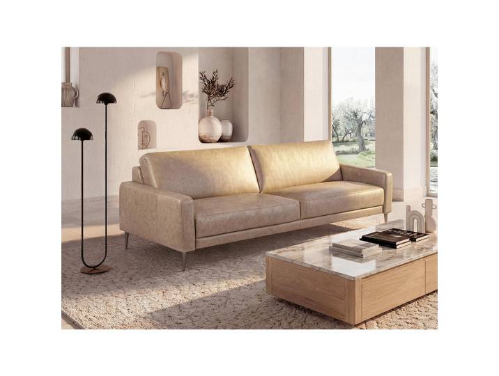 Livetastic 3-Sitzer-Sofa, Beige, Metall, Echtleder, Rindleder, 187x85x92 cm, Rücken echt, Wohnzimmer, Sofas & Couches, Ledersofas