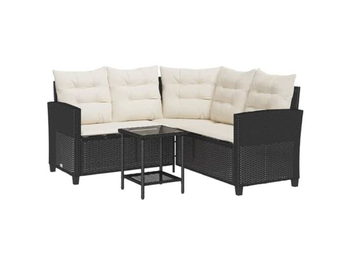 GHVBNMF Gartensofa L-Form mit Glas Couchtisch und Kissen Schwarz 2-Teilig Gemütliches Ecksofa aus Poly Rattan mit Beistelltisch und abnehmbaren Bezügen für Balkon, Terrasse und Innenhof.