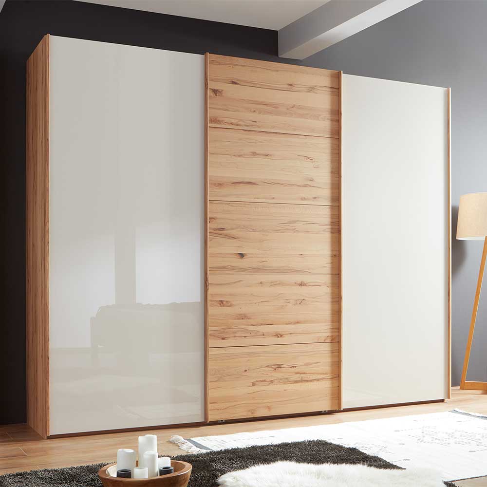 Pharao24.de Schiebetüren Kleiderschrank in Beige Glas beschichtet Astkernbuche