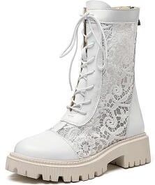 LightInthebox Women's White Lace Bridal Boots - Modern Block Heel Floral Crochet Booties - Versatile Wedding Shoes for Barn, Garden and City Ceremonies