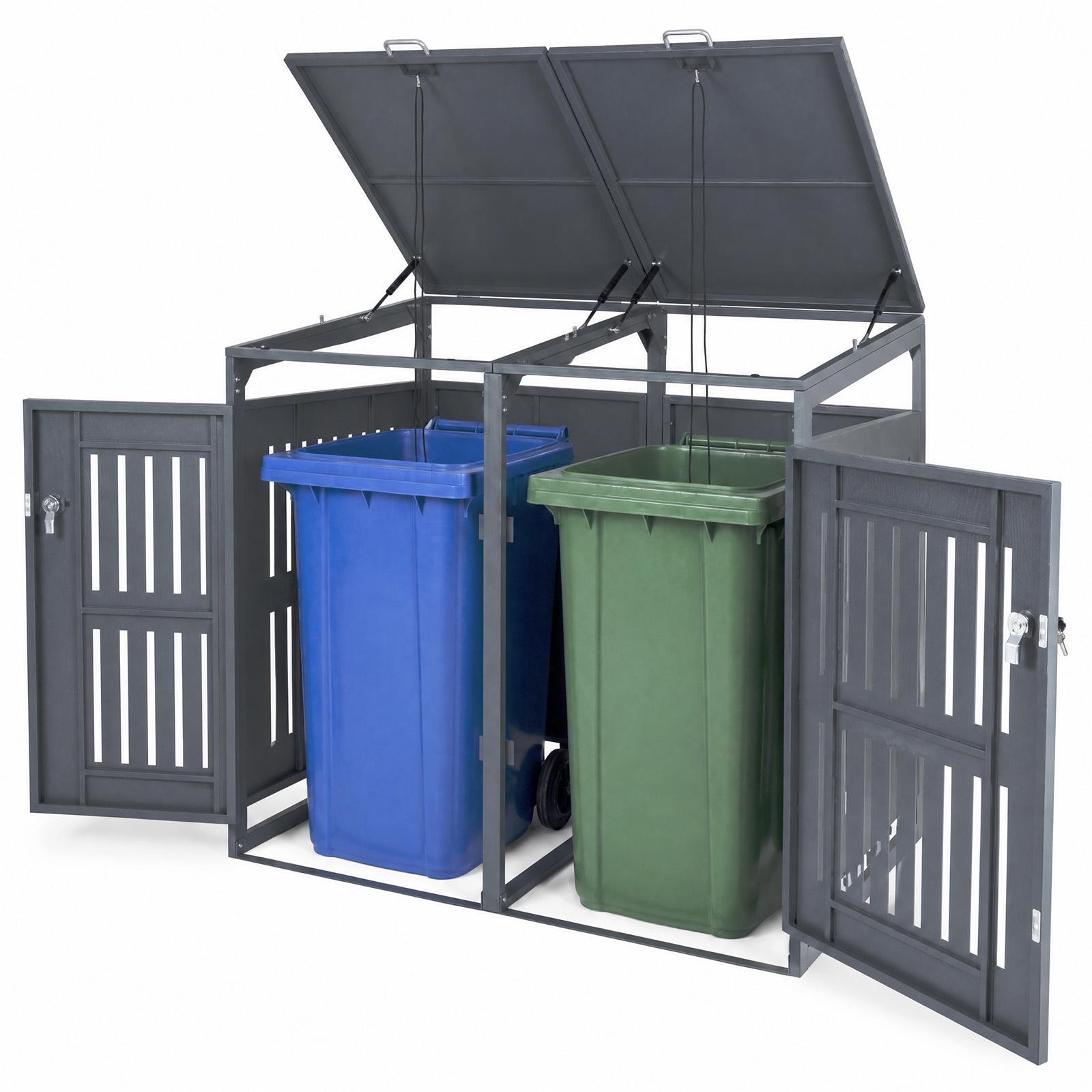 KOMFOTTEU Mülltonnenbox 2er 240L, Verzinkter Stahl, Outdoor Mülltonnenverkleidung mit Stoßdämpfern, Gasdruckfeder & abschließbarer Tür, Mülltonnecontainer für Hinterhof, (Grau)