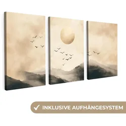 LEINWANDBILD 3er Set Landschaft - Japandi - Beige - Vögel 240x120 cm