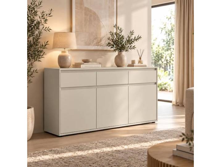 Lomadox Wohnzimmer Sideboard 137 cm breit in Kaschmir Beige mit 3 Türen & 3 Schubladen