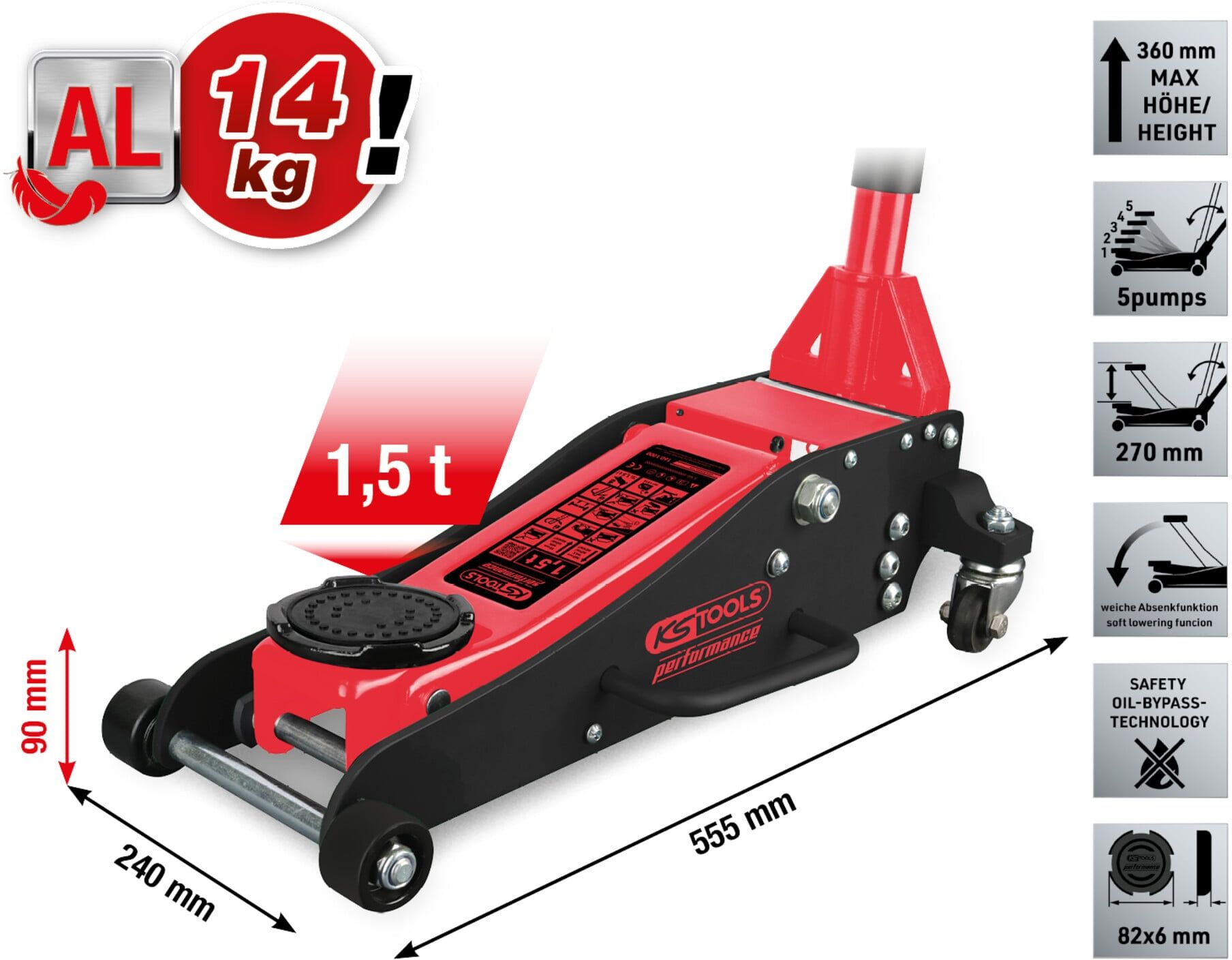 KS Tools performance Hydraulischer Aluminium-Wagenheber, 1500 kg, Hubhöhe: 90-360 mm (160.1000)
