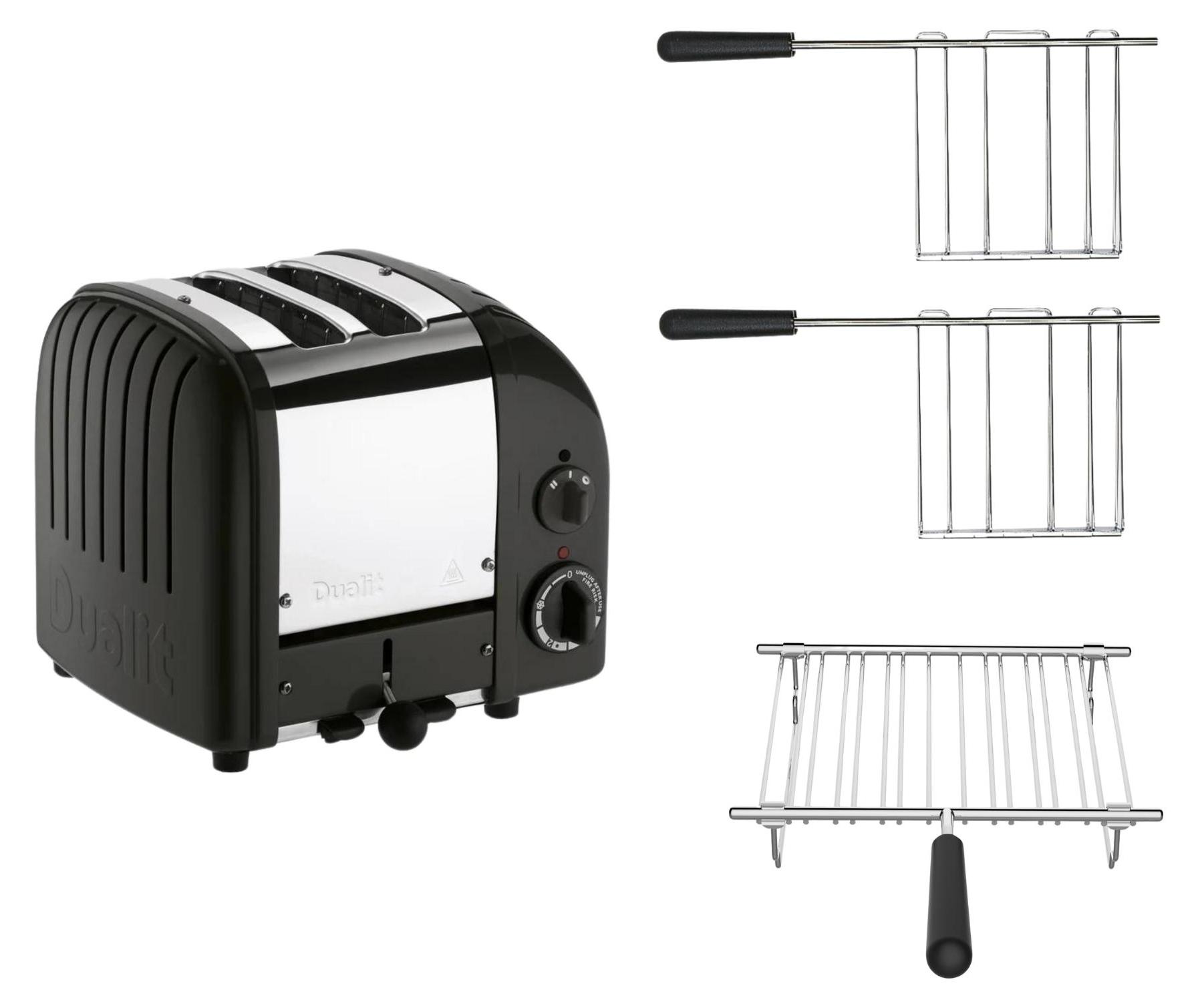 Dualit Toaster Paket 3, 2er Toaster mit Brötchenaufsatz und zwei Sandwichzangen Matt Schwarz