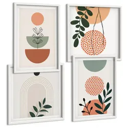 BILDER SET 4er Set - 50x50 cm & 40x60 cm Weißer Rahmen - Moderne Pflanzenmotive
