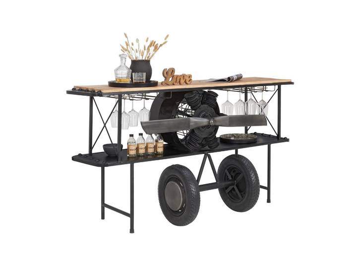 BAR Aeroplane, Naturfarben, Schwarz, Holz, Metall, Mangoholz, Hartholz, 60x93x190 cm, Esszimmer, Barmöbel, Barschränke & Theken
