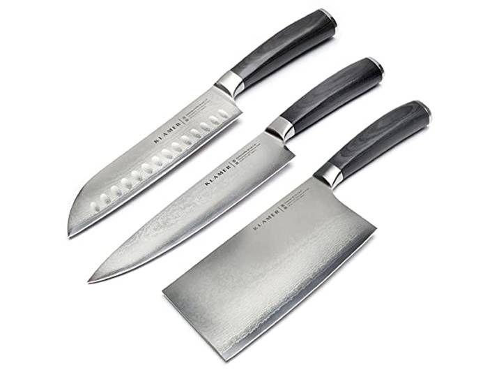 KLAMER Premium Damastmesser 3er Messerset, japanischer Damaszener Stahl 67 Lagen mit 61 HRC bleiben ultrascharf, im 13-Grad-Schnittwinkel Fleisch, Fisch, Obst und Gemüse mühelos schneiden
