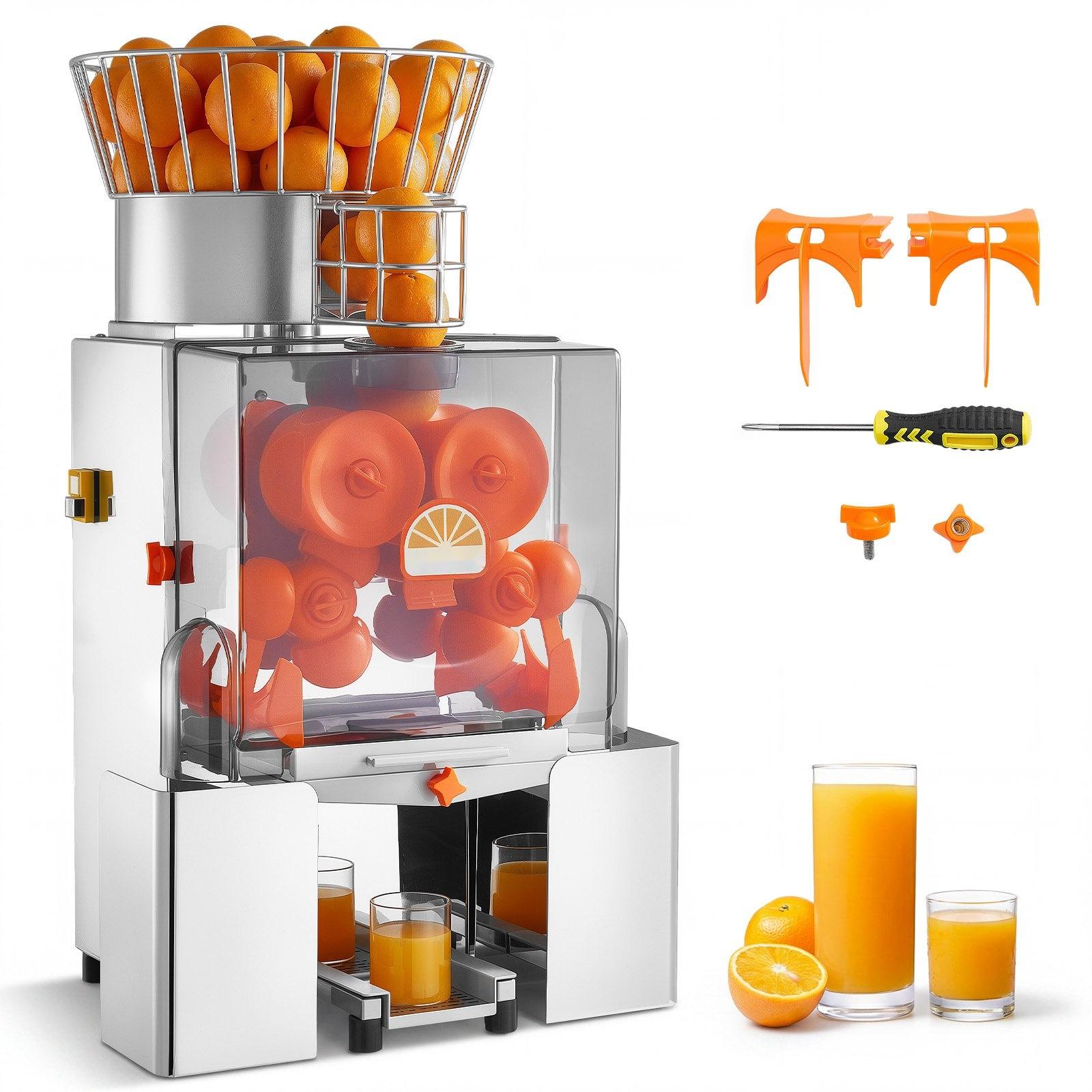Gewerbliche Orangenpresse - Elektrische Zitruspresse - Edelstahlgehäuse - 120 W Motor - PC-Schutzabdeckung - Bis 20 Orangen pro Minute - 2 Schalenbehälter - Silber