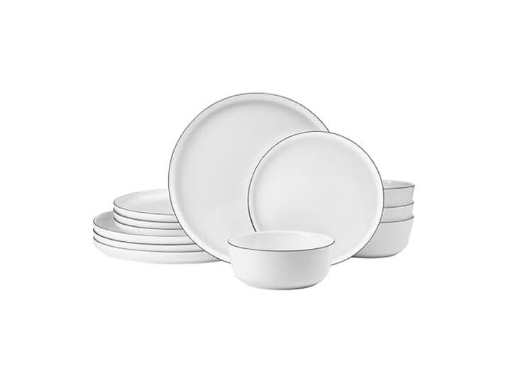 Mikasa Samantha 12-teiliges Geschirrset aus Knochenporzellan, Teller und Schüssel-Set, Service für 4 Personen, schwarzer Rand, splitterfest, leicht, langlebig, Weiß