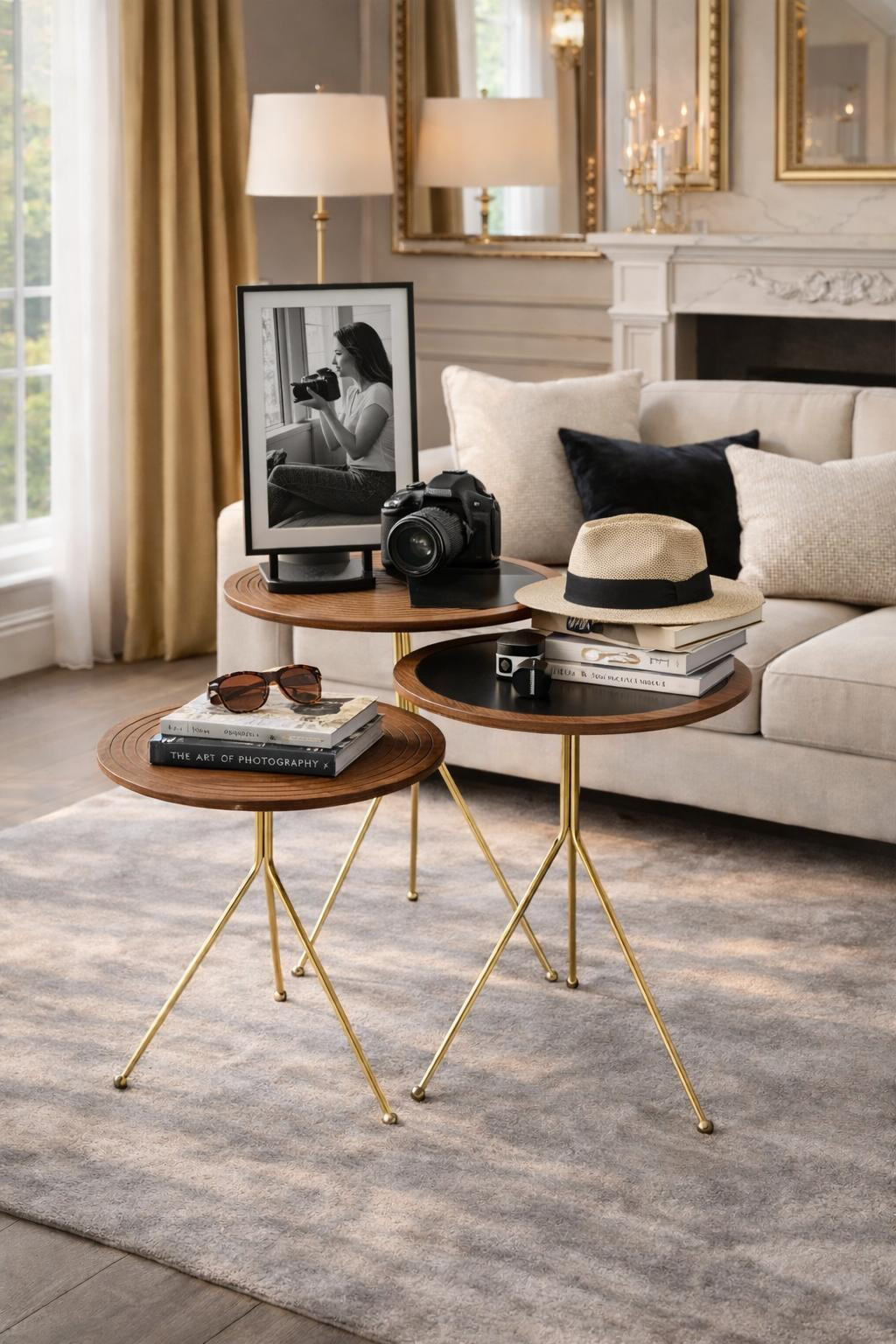 JVmoebel Houten salontafelset met gouden frame en glazen accenten