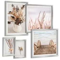 BILDER SET 5er Set - 50x50 cm & 20x30 cm & 40x60 cm Silberner Rahmen - Blumenzweige Minimalismus Natur