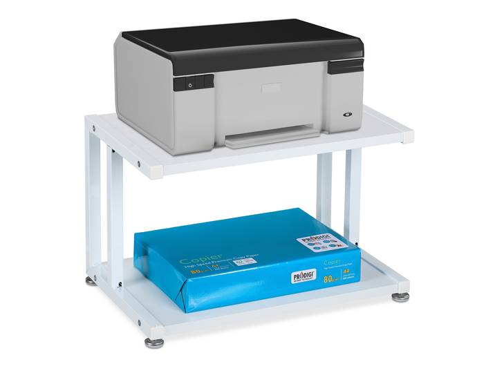 Support d'imprimante Relaxdays\, 2 étagères\, rehausse de bureau pour imprimante\, HBT 28 x 45 x 28 cm\, table pour imprimante\, support d'imprimante\, blanc