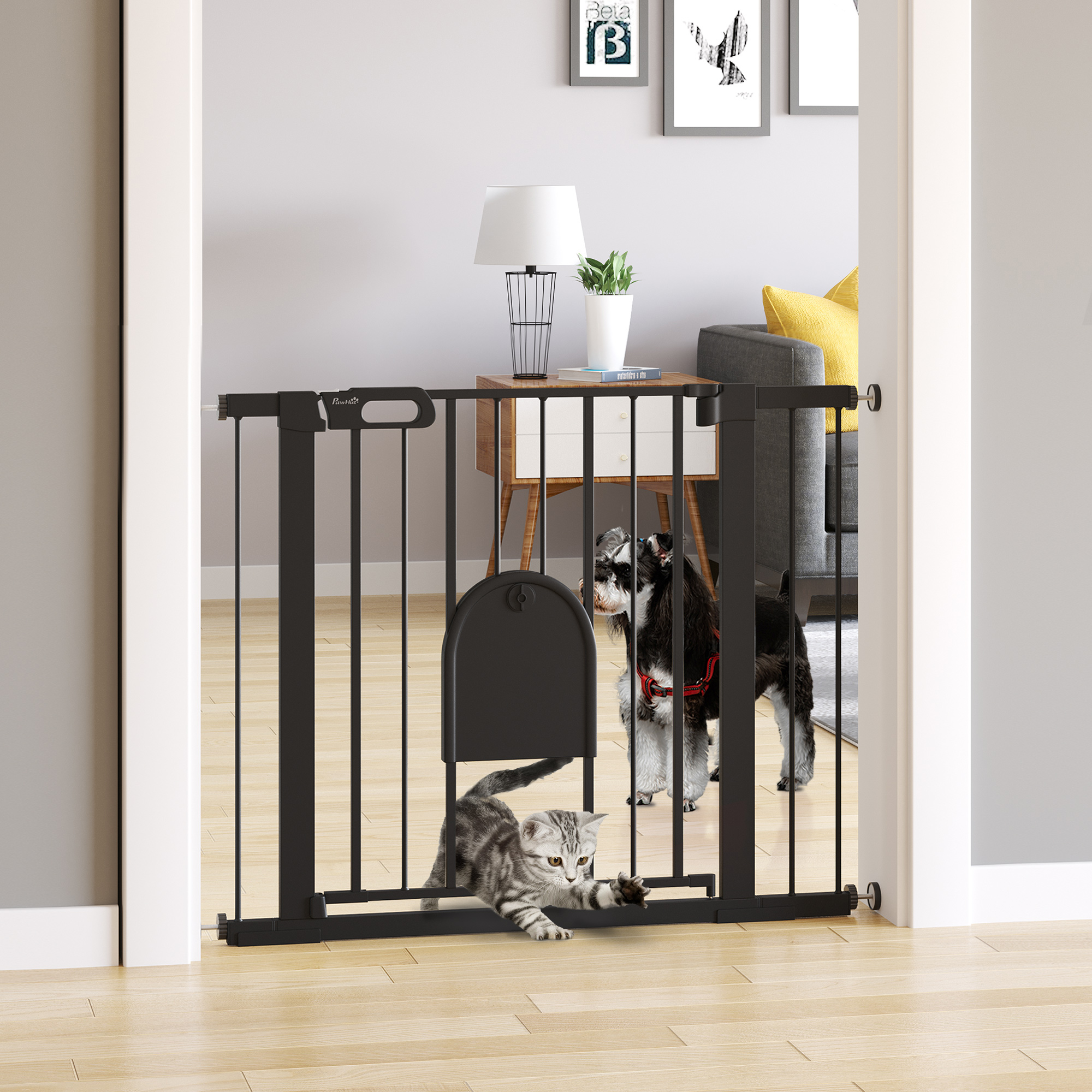 Pawhut Cancellino per Cani Regolabile con Porta Piccola e Chiusura Automatica, 75-103x76cm, Nero