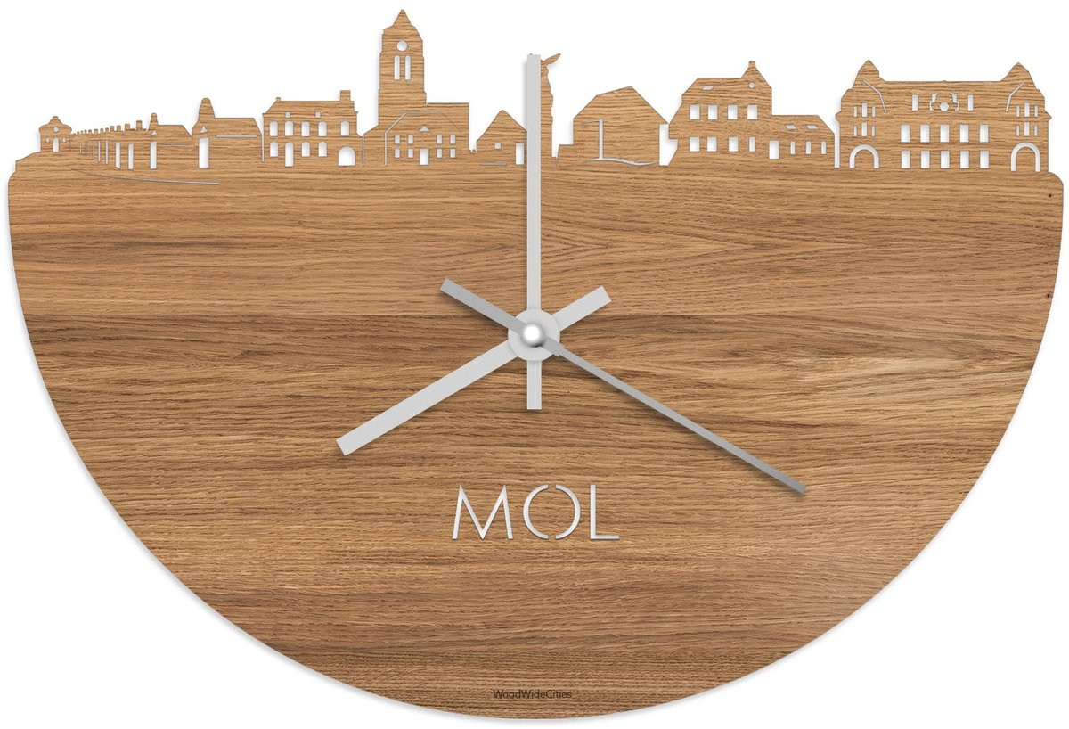 Skyline Klok Mol Eikenhout - Ø 40 cm - Wanddecoratie met stil uurwerk