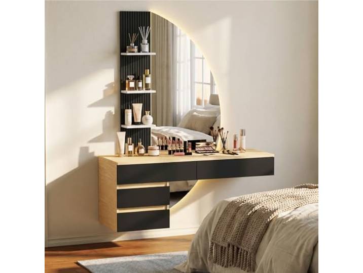 JUMMICO Wand-Schminktisch mit LED-beleuchtetem HD-Spiegel, dimmbarer Helligkeit & großem Stauraum, platzsparender moderner Frisiertisch für Schlafzimmer, Schwarz/Eiche (Schwarz)