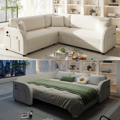 Loedds 85.1-Inch L-Shaped Sherpa Sleeper Sofa Bed with USB and Side Pockets