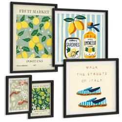 BILDER SET 5er Set - 50x50 cm & 20x30 cm & 40x60 cm Schwarzer Rahmen - Zitrusfrüchte der italienischen Tropen