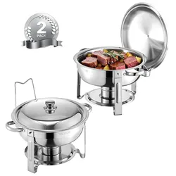 VEVOR Chafing Dish Buffet Speisenwärmer mit 2 Behältern in voller Größe (4,7 L pro), runder Catering-Wärmespender mit Deckel & Brennstoffhalter & Wasserpfanne, für Hochzeiten Partys Silber
