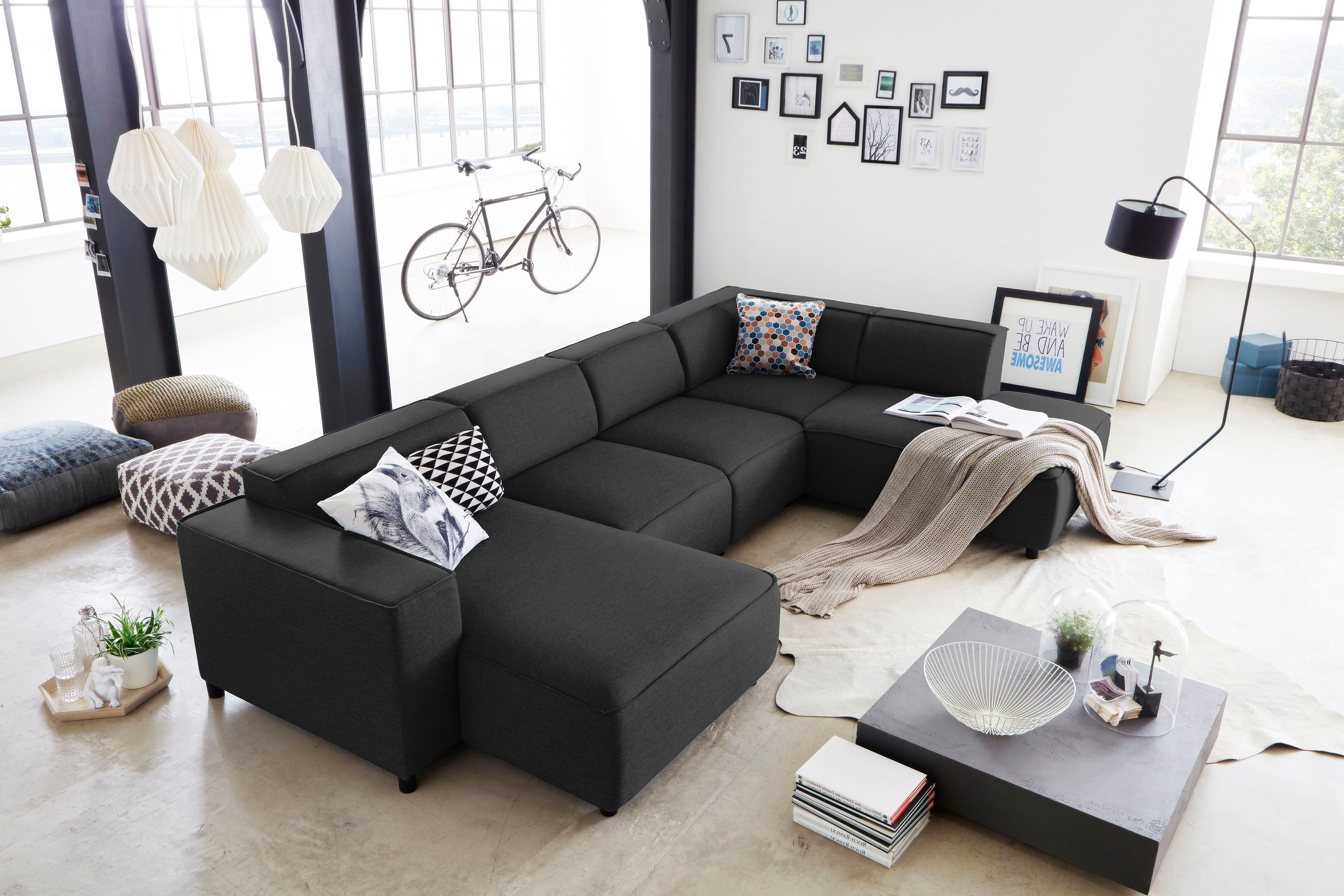 Wohnlandschaft GOODPRODUCT "Bulky U-Form", grau (anthrazit), B:324cm T:195cm, Sofas, Wohnlandschaft, in U-Form und XXL Sitzfläche, modular aufgebaut anthrazit B/H/T: 324cm x 195cm, Feinstruktur, langer Schenkel rechts