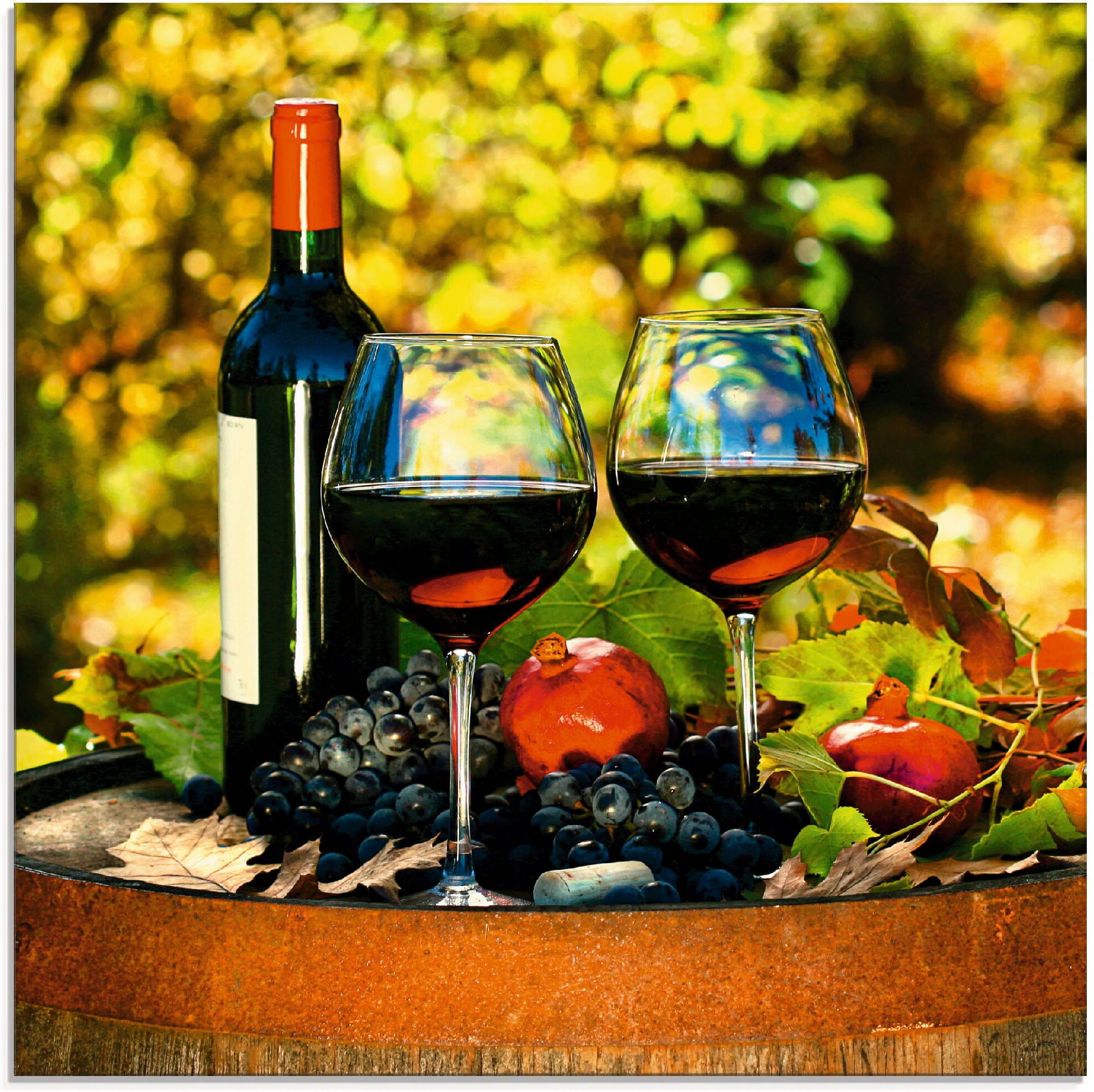 Glasbild ARTLAND "Gläser Rotwein auf altem Fass", grün (farbe bild(er): grün), B:30cm H:30cm, Bilder, Glasbild, in verschiedenen Grössen farbe bild(er): grün B/H/T: 30cm x 30cm, Glasbild Getränke, 1 Stk.
