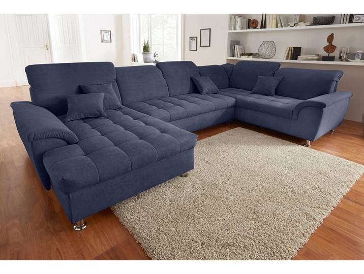 Wohnlandschaft, Flachgewebe & Chenille, Blau, 352×214 cm, Mit Bettfunktion & Kopfteilverstellung, Modern, Domo-Collection