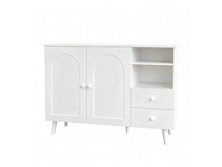 Buffet blanc 2 portes design courbées,poignées et pieds en bois massif
