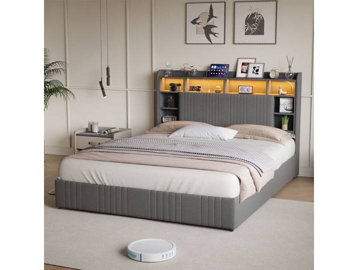 Lit 160 x 200 cm avec sommier et 4 tiroirs lit double avec USB et LED lit double 160 x 200 capitonné de lin gris moderne