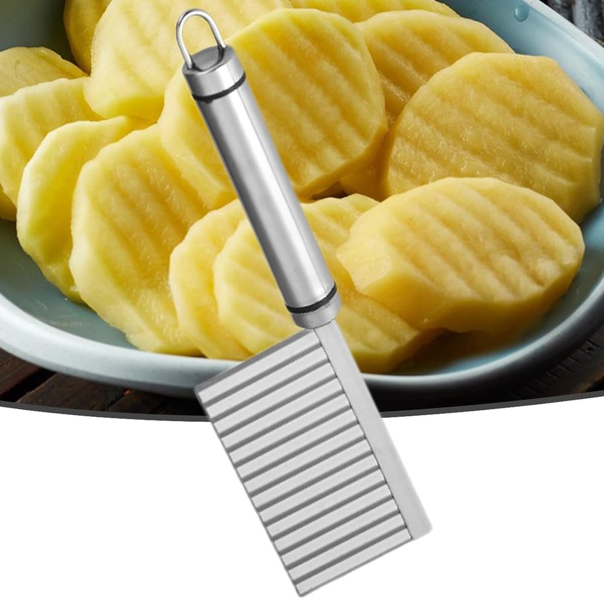 Multifunctionele golfsnijder van roestvrij staal en composietmateriaal in zilver voor aardappelen en courgettes