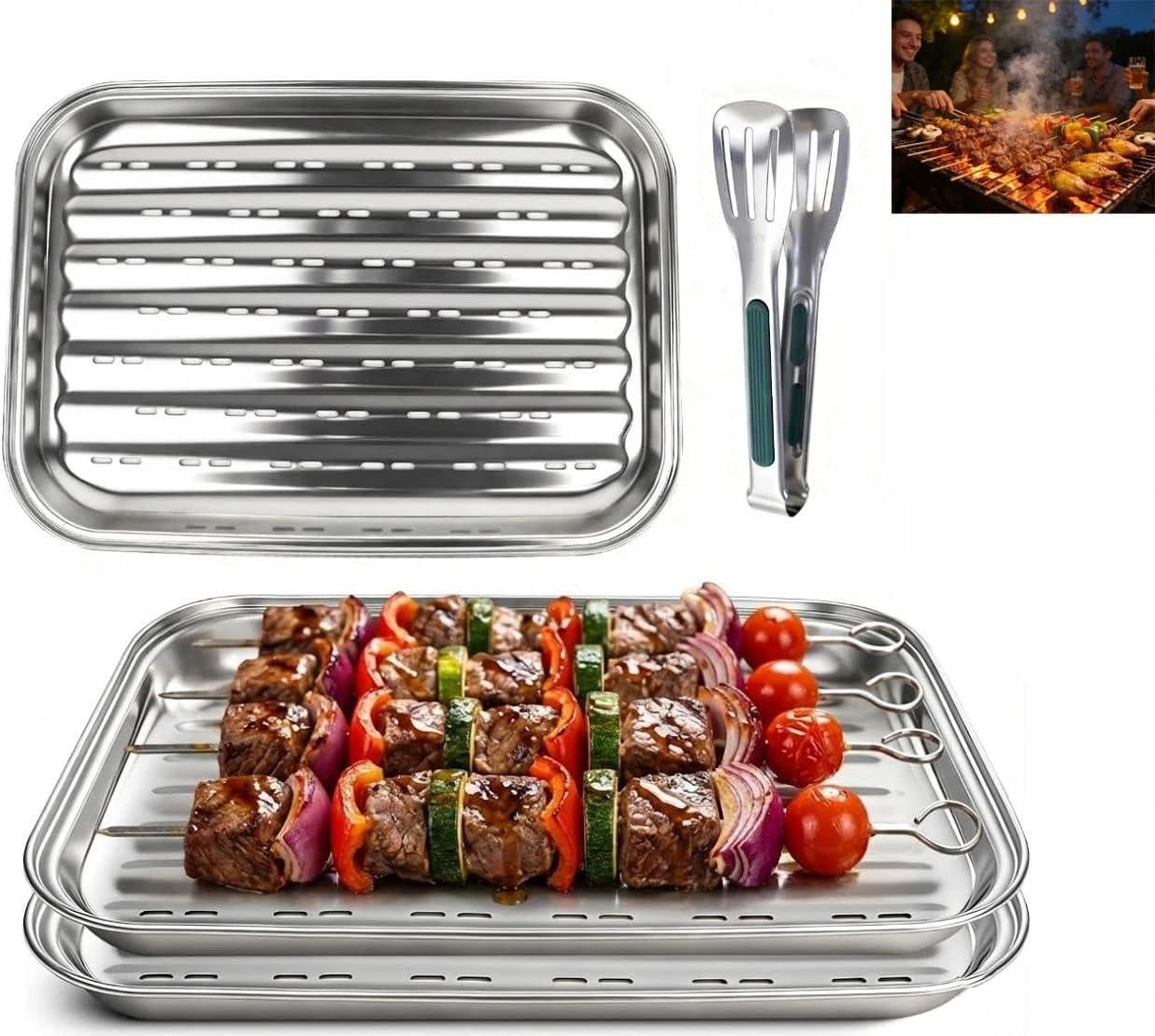 Grillschaal set van roestvrij staal 430 met grilltang en geperforeerde bakplaat, zilver, voor BBQ