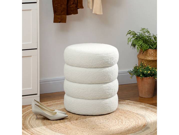 HOMCOM Tabouret Ottoman Rond Peluche Blanc Ø40x45cm Salon