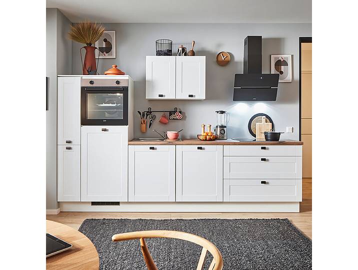 Autarke Küchenzeile Seitenschrank B 310cm Ausrichtung links Weiß/Matt Weiß