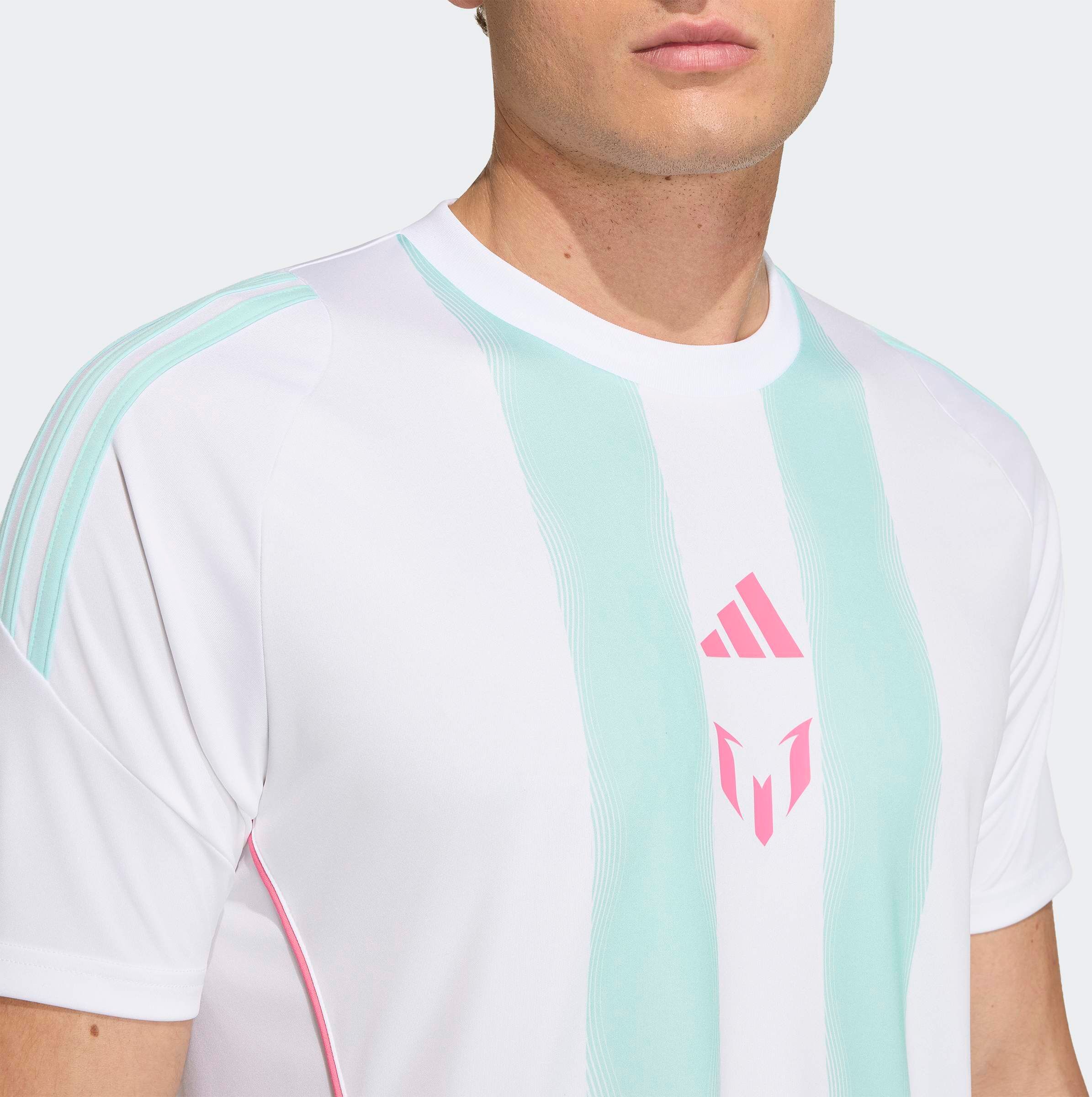 Fußballtrikot ADIDAS PERFORMANCE "MESSI TRAININGSTRIKOT", Herren, Gr. L, weiß (weiß, semi flash aqua), Obermaterial: 100% Polyester, Rundhals, Trikots Fußballtrikot