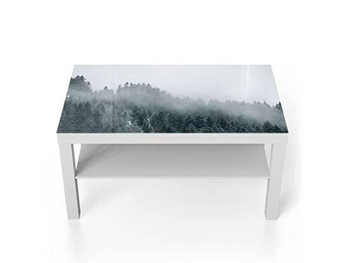 DEQORI Glastisch weiß groß 90x50 cm Motiv Nebel über Baumwipfeln ausgefallener Beistelltisch aus Glas Hochglanz Couchtisch fürs Wohnzimmer moderner Couch Tisch mit Design