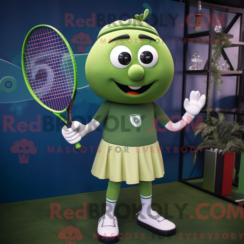 Maskottchen-Charakter REDBROKOLY eines olivfarbenen Tennisschlägers mit Rollkragen und Manschettenknöpfen