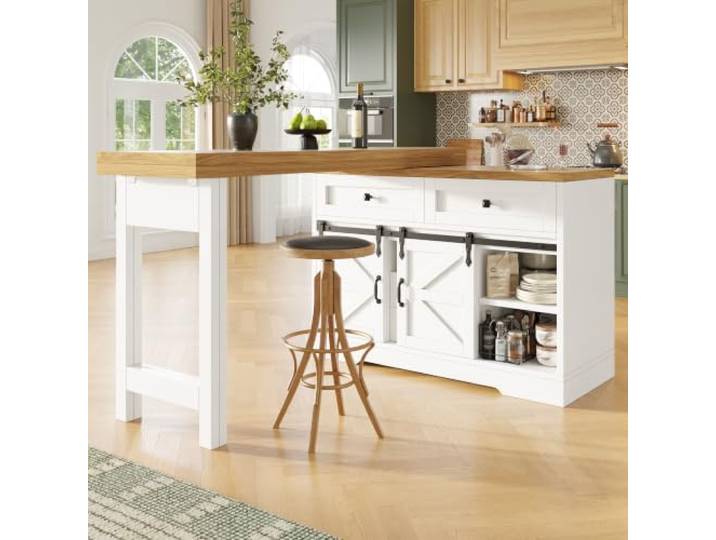 Aunvla Multifunktionale Kücheninsel mit Esstisch, Seitenschrank mit versteckten Schubladen, 360° drehbare Paneele, Scheunentor-Schranktür, Kücheninsel Esstisch 2-in-1