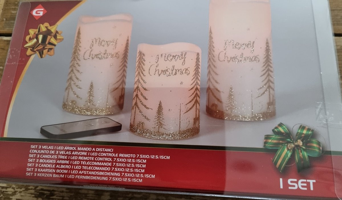 Gerimport Set van 3 LED stompkaarsen met bewegende vlam en afstandsbediening - Merry Christmas