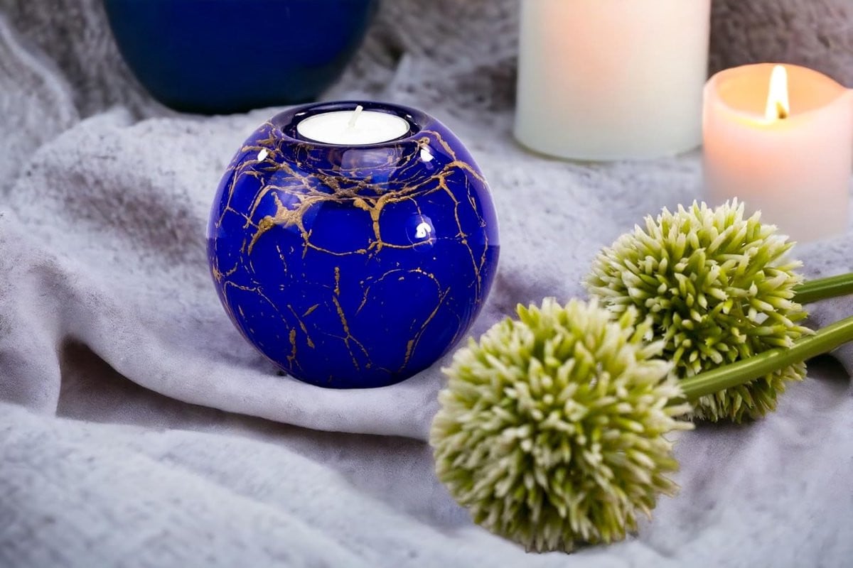 SnelShoppen Mini Urn Tealight Holder - Blauw met Goudblad - Kleine Glas Urn voor de As van een Kat of Hond