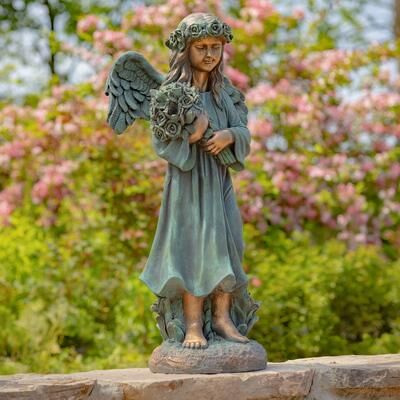 Zaer Ltd "39"" Tall Magensium Angel Statue Holding Bouquet in Antique Bronze"