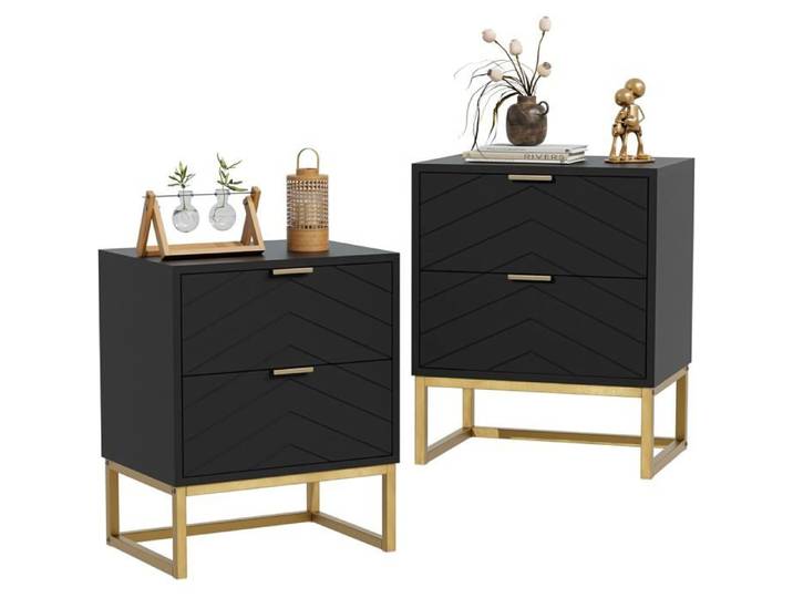 GOOBUY Lot de 2 Tables de Chevet Tables de Nuit avec Deux Tiroirs Table d'Appoint avec Pieds Métal Motif de Ligne Noir